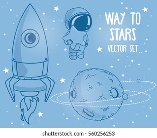 Cute hand drawn elements for cosmic design: planets, constellations, astronauts floating in space and rocket, vector illustration