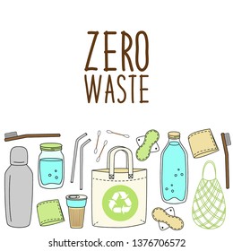 Cute hand drawn elements of no plastic, zero waste concept, eco lifestyle, go green theme