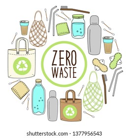 Cute hand drawn elements of no plastic, zero waste concept, eco lifestyle, go green theme