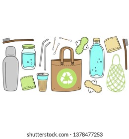 Cute hand drawn elements of no plastic, zero waste concept, eco lifestyle, go green theme