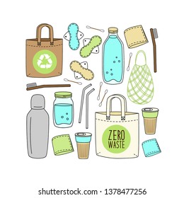 Cute hand drawn elements of no plastic, zero waste concept, eco lifestyle, go green theme