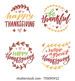Cute hand drawn elements, objects for Thanksgiving day celebration with lettering calligraphy text. Art in vector  doodle, cartoon style illustration for decoration, card, poster, banner, invitation