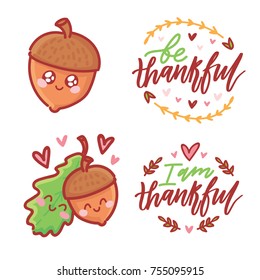 Cute hand drawn elements, objects for Thanksgiving day celebration with lettering calligraphy text. Art in vector  doodle, cartoon style illustration for decoration, card, poster, banner, invitation