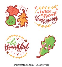 Cute hand drawn elements, objects for Thanksgiving day celebration with lettering calligraphy text. Art in vector  doodle, cartoon style illustration for decoration, card, poster, banner, invitation
