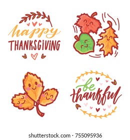 Cute hand drawn elements, objects for Thanksgiving day celebration with lettering calligraphy text. Art in vector  doodle, cartoon style illustration for decoration, card, poster, banner, invitation