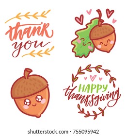 Cute hand drawn elements, objects for Thanksgiving day celebration with lettering calligraphy text. Art in vector  doodle, cartoon style illustration for decoration, card, poster, banner, invitation