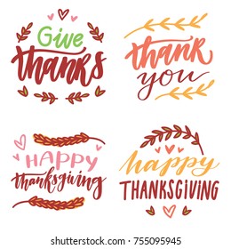 Cute hand drawn elements, objects for Thanksgiving day celebration with lettering calligraphy text. Art in vector  doodle, cartoon style illustration for decoration, card, poster, banner, invitation