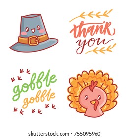 Cute hand drawn elements, objects for Thanksgiving day celebration with lettering calligraphy text. Art in vector  doodle, cartoon style illustration for decoration, card, poster, banner, invitation