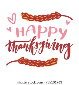 Cute hand drawn elements, objects for Thanksgiving day celebration with lettering, calligraphy text. Art in vector doodle, cartoon style illustration for greeting card, poster, banner, invitation