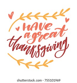 Cute hand drawn elements, objects for Thanksgiving day celebration with lettering, calligraphy text. Art in vector doodle, cartoon style illustration for greeting card, poster, banner, invitation