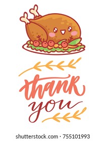 Cute hand drawn elements, objects for Thanksgiving day celebration with lettering, calligraphy text. Art in vector doodle, cartoon style illustration for greeting card, poster, banner, invitation