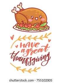 Cute hand drawn elements, objects for Thanksgiving day celebration with lettering, calligraphy text. Art in vector doodle, cartoon style illustration for greeting card, poster, banner, invitation