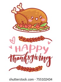 Cute hand drawn elements, objects for Thanksgiving day celebration with lettering calligraphy text. Art in vector  doodle, cartoon style illustration for greeting card, poster, banner, invitation