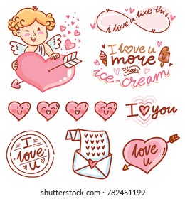 Cute hand drawn elements and objects for Valentine Day with Cupid angel baby and lettering calligraphy text, smiling heart characters, love stamp and envelope in cartoon, doodle style
