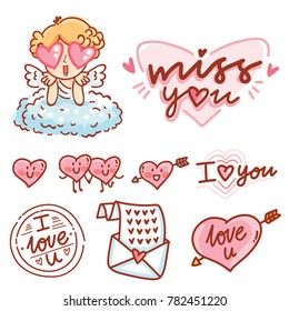 Cute hand drawn elements and objects for Valentine Day with Cupid angel baby and lettering calligraphy text, smiling heart characters, love stamp and envelope in cartoon, doodle style