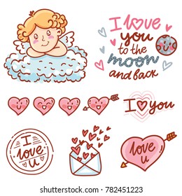 Cute hand drawn elements and objects for Valentine Day with Cupid angel baby and lettering calligraphy text, smiling heart characters, love stamp and envelope in cartoon, doodle style
