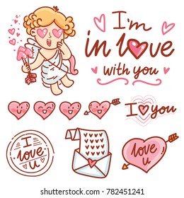 Cute hand drawn elements and objects for Valentine Day with Cupid angel baby and lettering calligraphy text, smiling heart characters, love stamp and envelope in cartoon, doodle style