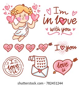 Cute hand drawn elements and objects for Valentine Day with Cupid angel baby and lettering calligraphy text, smiling heart characters, love stamp and envelope in cartoon, doodle style