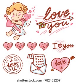Cute hand drawn elements and objects for Valentine Day with Cupid angel baby and lettering calligraphy text, smiling heart characters, love stamp and envelope in cartoon, doodle style