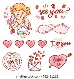 Cute hand drawn elements and objects for Valentine Day with Cupid angel baby and lettering calligraphy text, smiling heart characters, love stamp and envelope in cartoon, doodle style