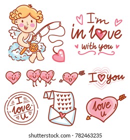 Cute hand drawn elements and objects for Valentine Day holiday with Cupid angel baby and lettering calligraphy text, smiling heart characters, love stamp and envelope in cartoon, doodle style