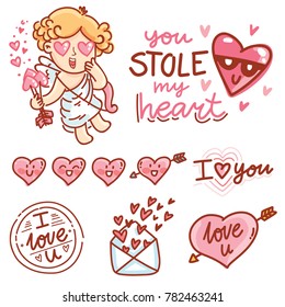 Cute hand drawn elements and objects for Valentine Day holiday with Cupid angel baby and lettering calligraphy text, smiling heart characters, love stamp and envelope in cartoon, doodle style