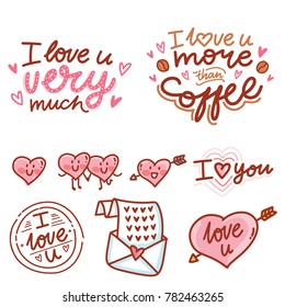 Cute hand drawn elements and objects for Valentine Day holiday with Cupid angel baby and lettering calligraphy text, smiling heart characters, love stamp and envelope in cartoon, doodle style