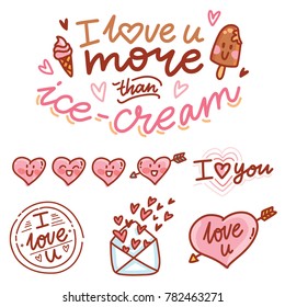 Cute hand drawn elements and objects for Valentine Day holiday with Cupid angel baby and lettering calligraphy text, smiling heart characters, love stamp and envelope in cartoon, doodle style