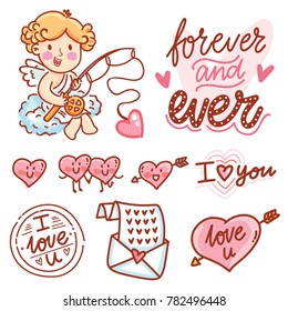 Cute hand drawn elements and objects for Valentine Day holiday with Cupid angel baby and lettering calligraphy text, smiling heart characters, love stamp and envelope in cartoon, doodle style