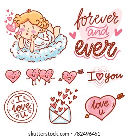 Cute hand drawn elements and objects for Valentine Day holiday with Cupid angel baby and lettering calligraphy text, smiling heart characters, love stamp and envelope in cartoon, doodle style