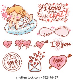 Cute hand drawn elements and objects for Valentine Day holiday with Cupid angel baby and lettering calligraphy text, smiling heart characters, love stamp and envelope in cartoon, doodle style