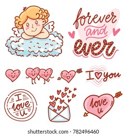 Cute hand drawn elements and objects for Valentine Day holiday with Cupid angel baby and lettering calligraphy text, smiling heart characters, love stamp and envelope in cartoon, doodle style