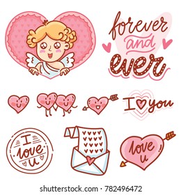 Cute hand drawn elements and objects for Valentine Day holiday with Cupid angel baby and lettering calligraphy text, smiling heart characters, love stamp and envelope in cartoon, doodle style