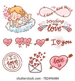 Cute hand drawn elements and objects for Valentine Day holiday with Cupid angel baby and lettering calligraphy text, smiling heart characters, love stamp and envelope in cartoon, doodle style