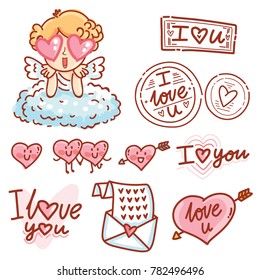Cute hand drawn elements and objects for Valentine Day holiday with Cupid angel baby and lettering calligraphy text, smiling heart characters, love stamp and envelope in cartoon, doodle style
