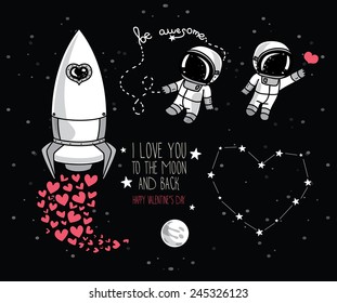 cute hand drawn elements for valentine's day design: moon, stars, astronauts floating in space and rocket, cosmic vector illustration