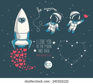 cute hand drawn elements for valentine's day design: moon, stars, astronauts floating in space and rocket, cosmic vector illustration