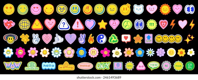 Lindos Elementos dibujados a mano Vector conjunto de signos de sonrisa flor Groovy Emoticons. Dibujos de personajes divertidos. Gráficos geniales y 2000.