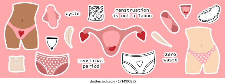 Cute hand drawn elements of women menstruation period theme, feminine hygiene products as panties, pads, menstrual cups, vector illustration