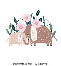 Cute hand drawn elephanst Mom and baby with floral bacground. Cartoon vector illustration in scandinavian style