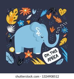 Cute hand drawn elephant character with decorative floral elements. Travel greeting card, print for t-shirts