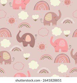 Cute hand drawn elephants, sun, clouds, rainbows and flowers. Vector illustration with animals and sky, cute seamless kids pattern.