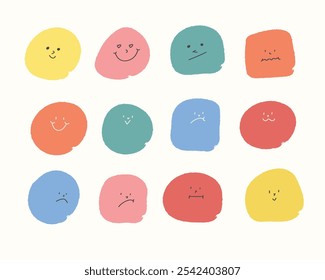 Cute Hand Drawn Emotion Faces Icons With Various Expressions Set in Pastel Colors Objects, Flat Design Emoticon Faces Symbol Icon. Isolated Emoticon. 