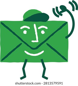 Cute hand drawn envelope character wearing a cap with walking legs and antenna receiving wireless signal, symbolizing incoming email, message notification, postal delivery, customer support, business communication, newsletter subscription, marketing alert, and friendly cartoon mascot illustration