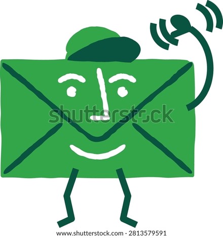 Cute hand drawn envelope character wearing a cap with walking legs and antenna receiving wireless signal, symbolizing incoming email, message notification, postal delivery, customer support, business communication, newsletter subscription, marketing alert, and friendly cartoon mascot illustration