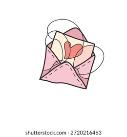 Cute hand drawn envelope with love letter and heart. Romantic doodle vector illustration in pastel colors. Perfect for Valentine’s Day, wedding invitations, greeting cards and love messages.