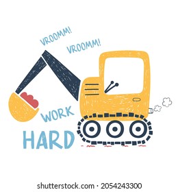 cute hand drawn excavator vector illustration for kids apparels