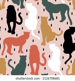 cute hand drawn exotic abstract seamless vector pattern design illustration with colorful leopard silhouettes and black confetti on pink background	