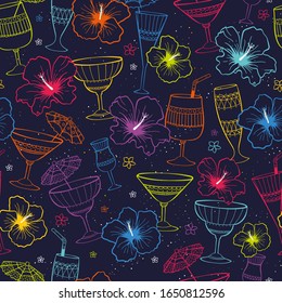 Cute hand drawn exotic flowers and cocktails seamless pattern, tropical background, great for banners, textiles, wallpapers, wrapping - vector design