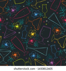 Cute hand drawn exotic flowers and cocktails seamless pattern, tropical background, great for banners, textiles, wallpapers, wrapping - vector design